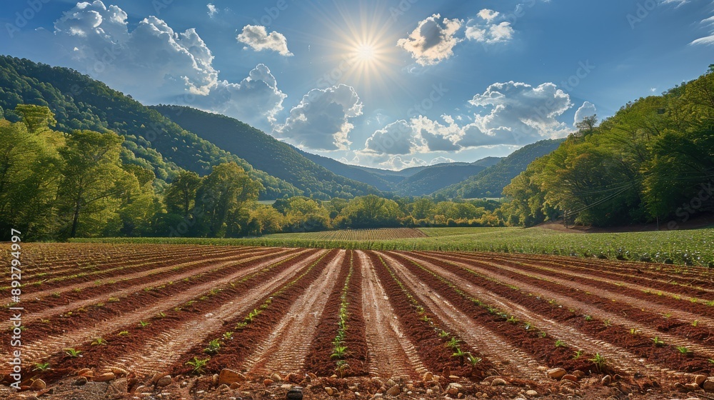 Beautiful Scenic Agricultural Landscape with Plowed Farmland Rows Under a Bright Sunlit Sky and Rolling Hills in the Background Beautiful Scenic Agricultural Landscape with Plowed Farmland Rows Under a Bright Sunlit Sky and Rolling Hills in the Background