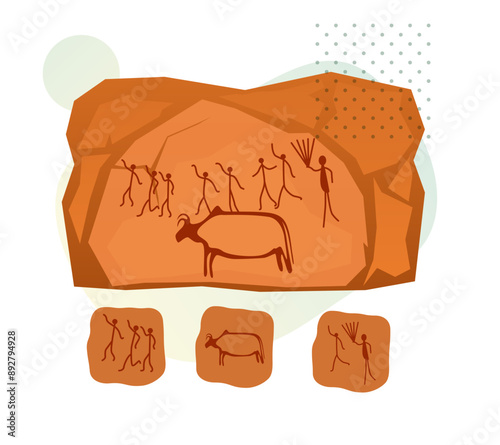 Bhimbetka rock shelters - Cave Paiting Symbols - Madhya Pradesh - Stock Illustration