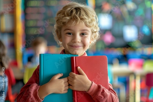 Kid enjoying studies surrounded creativity and knowledge. Child books colorful attire illustrating enthusiasm knowledge. Foundation of bright future built joyful learning.