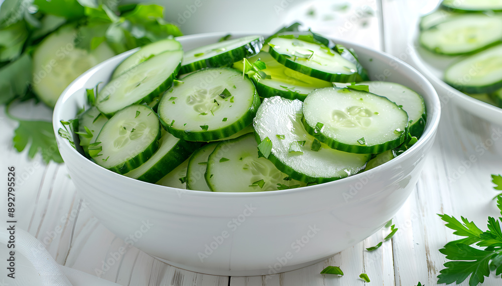 Cucumber salad in white bowl on wooden table Cucumber salad in white bowl on wooden table