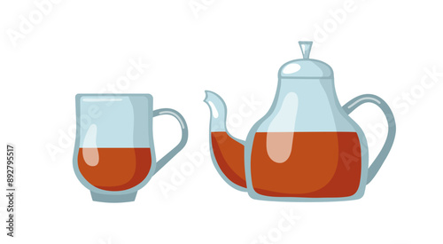 Glass teapot and cup of tea. Tea drinking and tea time. Hot healthy drink. Illustration of flat tea time icons for cafe and restaurant menu design, isolated background.
Kitchenware.