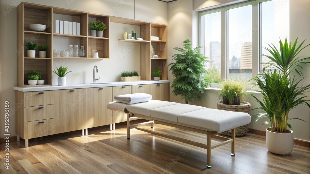Modern Spa Treatment Room Interior with White Massage Table, Wooden Cabinets, and Plants, spa, treatment, massage, interior design