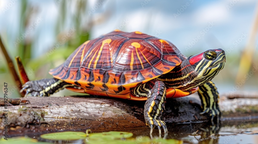 Close-Up of Colorful Painted Turtle Basking on a Log in Natural Wetland Habitat Under a Clear Sky with Plants in the Background Close-Up of Colorful Painted Turtle Basking on a Log in Natural Wetland Habitat Under a Clear Sky with Plants in the Background