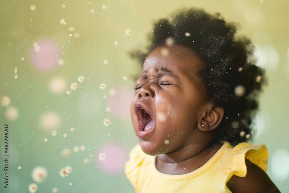 Small girl launches virus-laden droplets from sudden sneeze. Sneezing baby girl shows how germs spread childcare setting. Delicate balance vulnerability and biological reality. Small girl launches virus-laden droplets from sudden sneeze. Sneezing baby girl shows how germs spread childcare setting. Delicate balance vulnerability and biological reality.