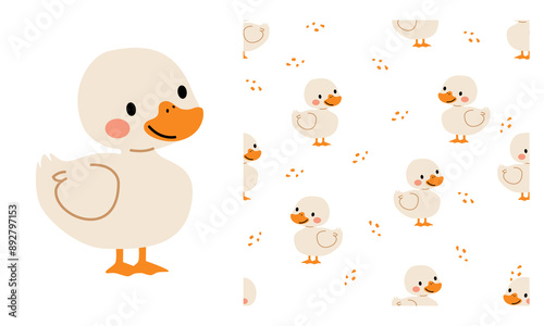Vector set for product print, print and seamless pattern. Cute duckling. Seamless vector pattern . Vector illustration