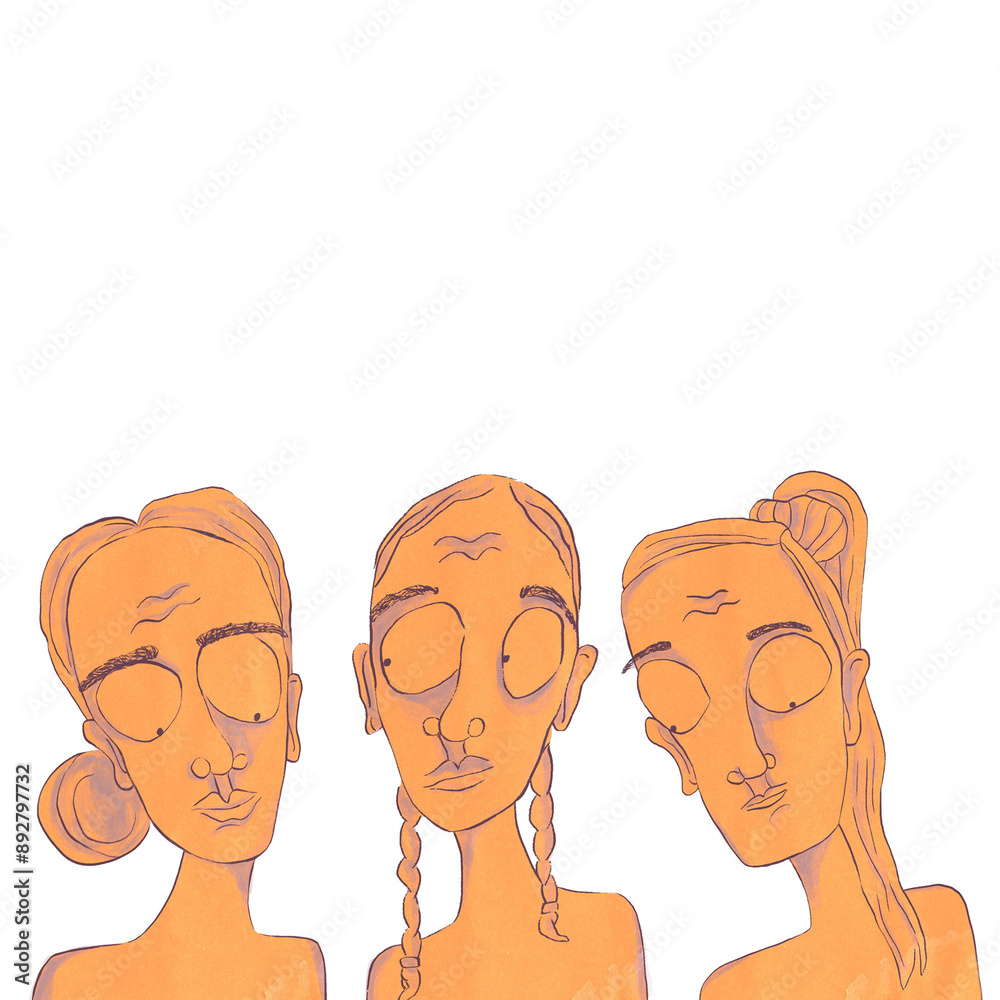 group of three women illustrations with defined outlines, funny cartoon children's book illustrations storytelling style portraits of women flat hand drawn comic book style group of three women illustrations with defined outlines, funny cartoon children's book illustrations storytelling style portraits of women flat hand drawn comic book style