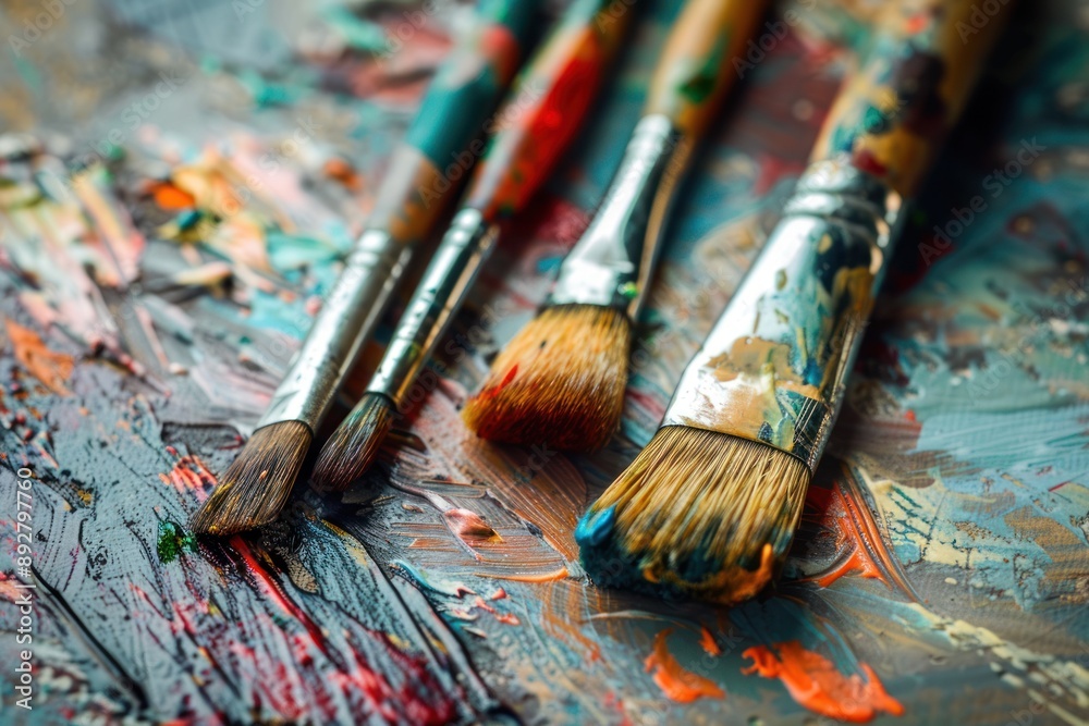 Fototapeta premium brushes and paints in a raw, artist tools, painting as a hobby and recreation