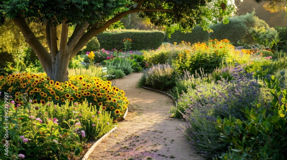Tranquil Garden Path with Vibrant Flowers and Cozy Bench for Relaxation Tranquil Garden Path with Vibrant Flowers and Cozy Bench for Relaxation