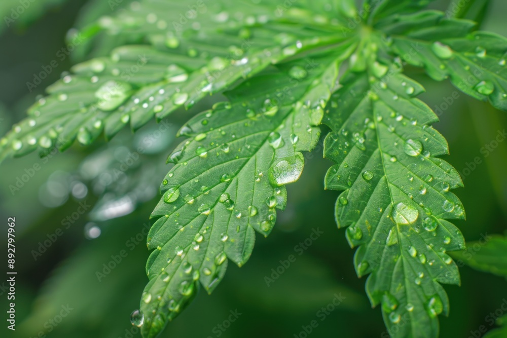 Cannabis leaf with water drops close-up Cannabis leaf with water drops close-up