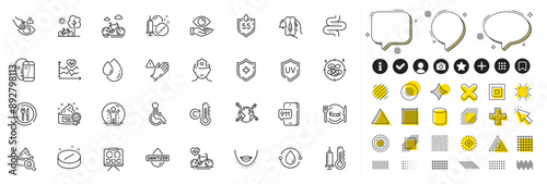 Set of Uv protection, Vaccine announcement and Thermometer line icons for web app. Design elements, Social media icons. Ph neutral, Use gloves, Bike icons. Vector