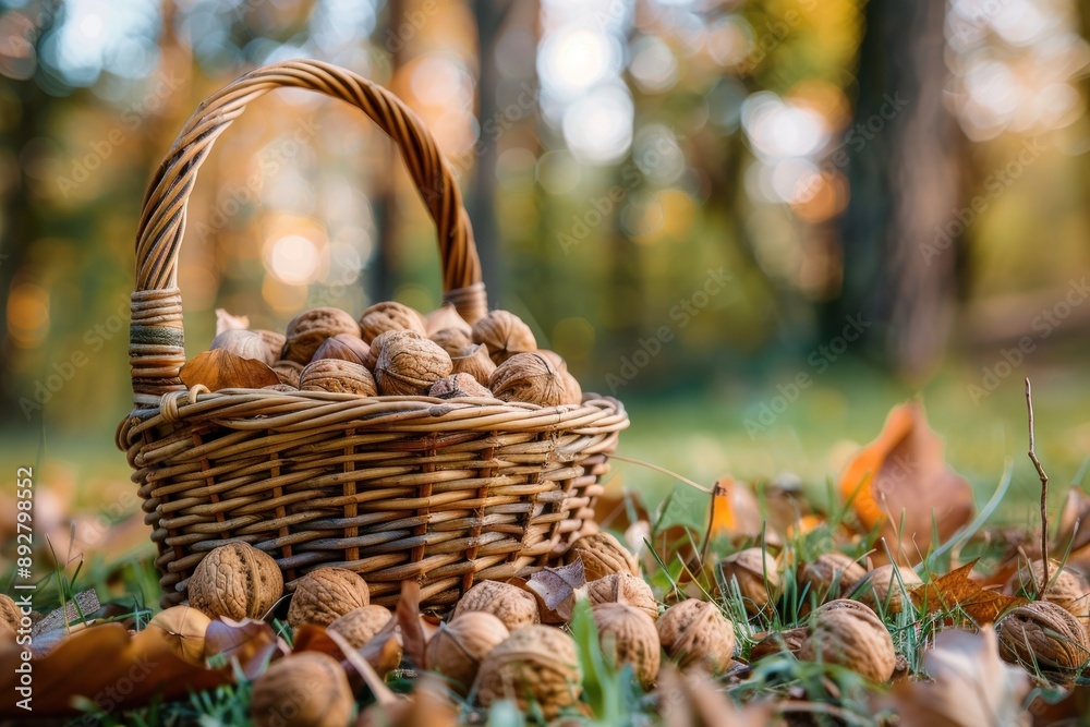 Close up Basket with nuts on the grass in the forest Close up Basket with nuts on the grass in the forest