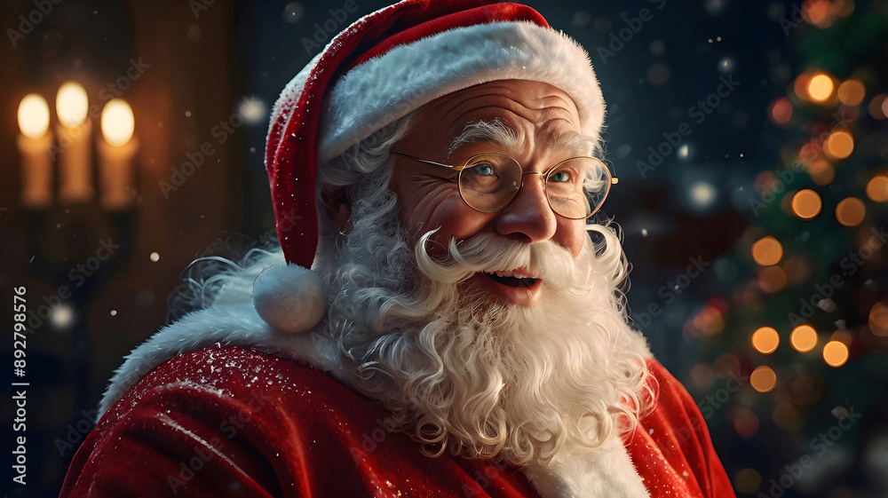 Smiling, happy Santa Claus in a cozy room, in decorated home interior with candles. New year winter holidays celebration. Magical new year greeting card, postcard, background.
Smiling, happy Santa Claus in a cozy room, in decorated home interior with candles. New year winter holidays celebration. Magical new year greeting card, postcard, background.