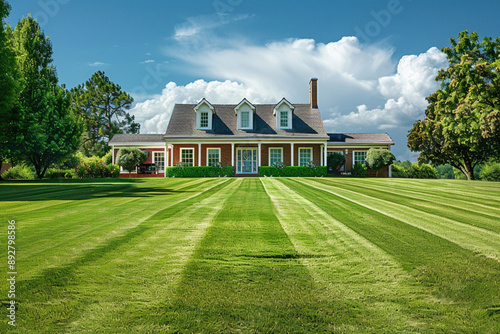 perfectly cut grass front lawn suburban home 