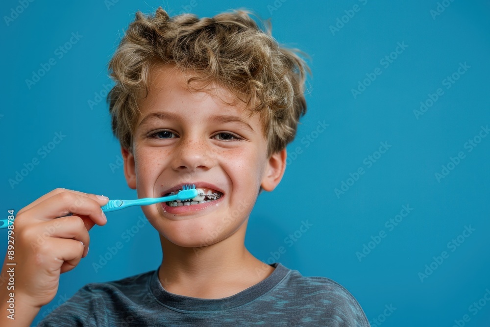 kid in braces brushes his teeth, blue background. Orthodontic device care concept, dental health, oral hygiene kid in braces brushes his teeth, blue background. Orthodontic device care concept, dental health, oral hygiene