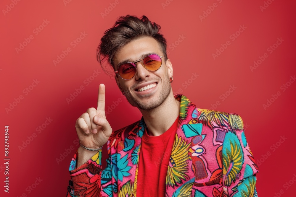 Modern flair is radiated stylish young man confident grin. Stylish young man points confidently revealing his chic attire. Urban youth culture is highlighted handsome smile and stylish hair. Modern flair is radiated stylish young man confident grin. Stylish young man points confidently revealing his chic attire. Urban youth culture is highlighted handsome smile and stylish hair.