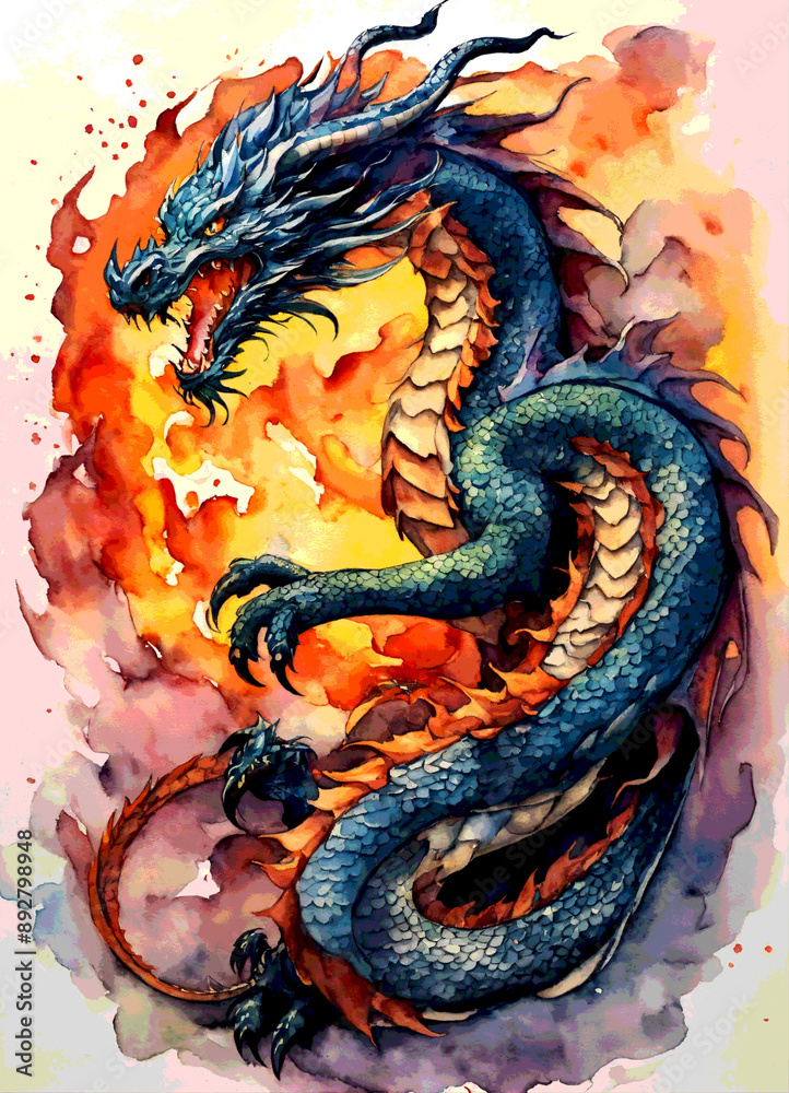 Obraz premium STICKER, Oriental fierce dragon breathing fire, whole body in frame, WHITE background,