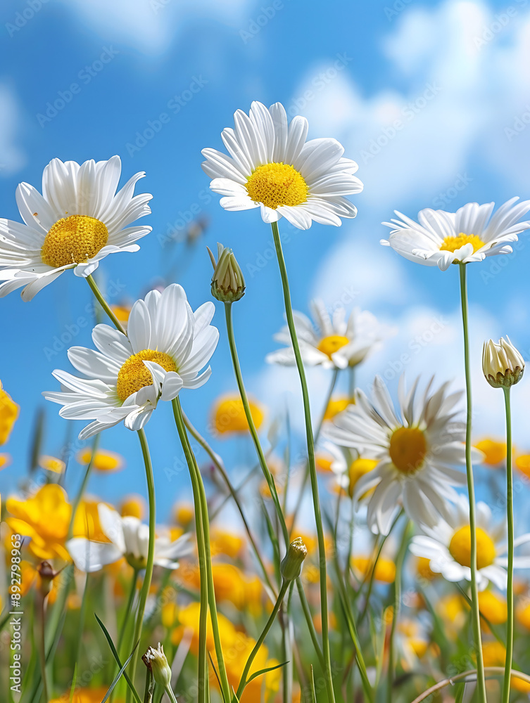 Close-Up of White Daisies and Yellow Marigolds in a Field Close-Up of White Daisies and Yellow Marigolds in a Field