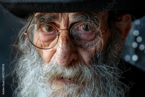 close up portrait of an old jewish man with long beard, hat and glasses, rabbi photo