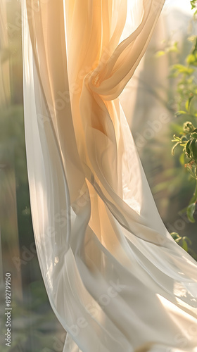 Gentle Flowing Curtain Swaying in the Wind with Sunny Morning Background photo