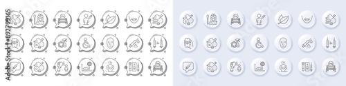Overeating pills, Coronavirus statistics and Vaccine attention line icons. White pin 3d buttons, chat bubbles icons. Pack of Electronic thermometer, Nurse, Difficult stress icon. Vector