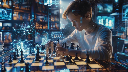 Young Chess Prodigy Analyzing Moves on Digital Chessboard in Futuristic Holographic Room