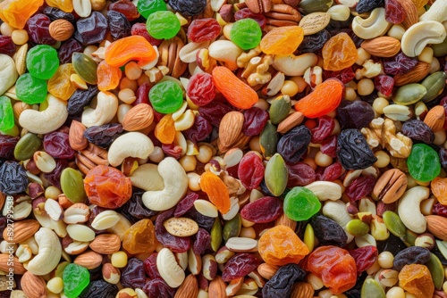 colorful dried fruits, assorted nuts and seeds background. mixed raw food for snacking, top view