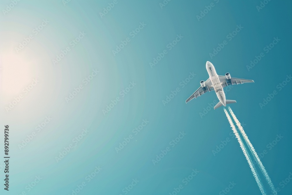 Fototapeta premium Commercial airplane with white trail on blue sky background with copy space. Travel concept