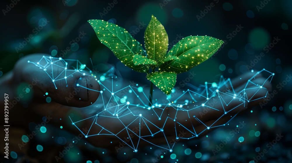 Glowing digital plant sprouting from futuristic network hand, merging nature and technology. Concept of digital transformation and eco-innovation Glowing digital plant sprouting from futuristic network hand, merging nature and technology. Concept of digital transformation and eco-innovation