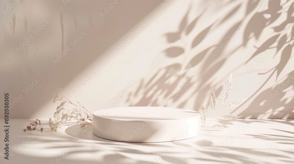 Neutral studio with leaf shadows for product display. Seasonal background. Cosmetic space. Neutral studio with leaf shadows for product display. Seasonal background. Cosmetic space.