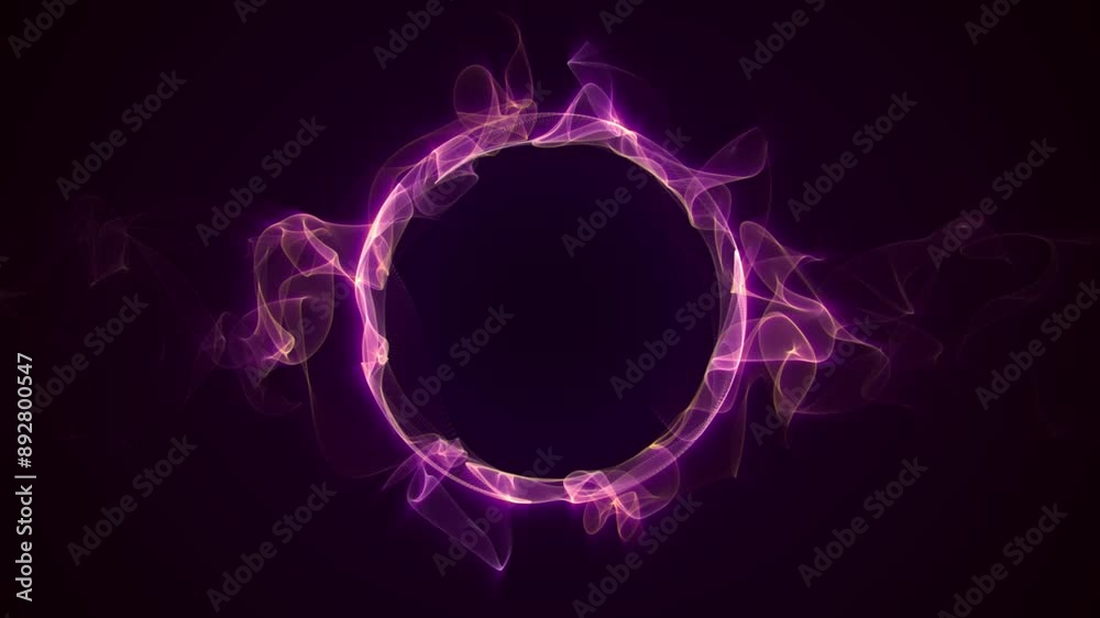 Looped screensaver with abstract magic ring made of smooth fire tongues floating on a dark purple background. Elegant ethereal shape animation with empty space for logo. Seamless vj loop , 4K 60fps