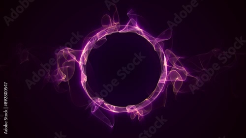Looped screensaver with abstract magic ring made of smooth fire tongues floating on a dark purple background. Elegant ethereal shape animation with empty space for logo. Seamless vj loop , 4K 60fps