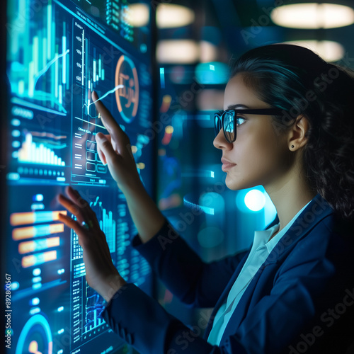 a girl corporate attire depicting business statistics and graphics with a futuristic concept,  woman works on computer, backround digital hologram