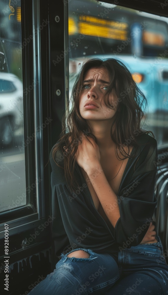 Distressed Young Woman Sitting at a Bus Stop Holding Her Chest with Anxious Expression Distressed Young Woman Sitting at a Bus Stop Holding Her Chest with Anxious Expression