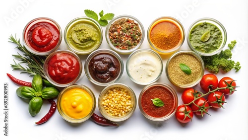 Wallpaper Mural A Collection of Sauces and Spices in Glass Bowls, Isolated on a White Background, Sauces, Spices, Condiments, Ingredients Torontodigital.ca