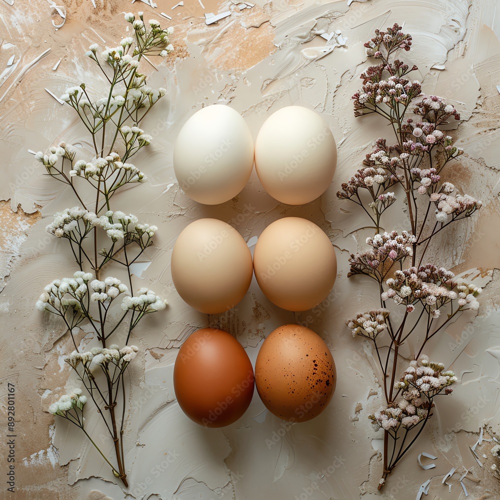 16 Chicken eggs arranged on the right side of a softcolored background, surrounded by elegant natural elements 16 Chicken eggs arranged on the right side of a softcolored background, surrounded by elegant natural elements