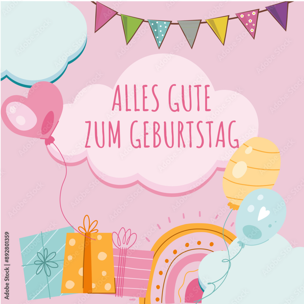 Karte oder Stirnband, um einem Kind alles Gute zum Geburtstag in Rosa in einer Wolke zu wünschen, mit Wimpelgeschenken in mehreren Farben rund um die Luftballons auf rosa Hintergrund Karte oder Stirnband, um einem Kind alles Gute zum Geburtstag in Rosa in einer Wolke zu wünschen, mit Wimpelgeschenken in mehreren Farben rund um die Luftballons auf rosa Hintergrund