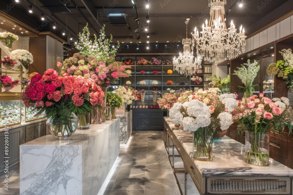 Fototapeta premium Elegant Flower Shop Interior with Marble Countertops and Stunning Floral Arrangements for Sophisticated Decor