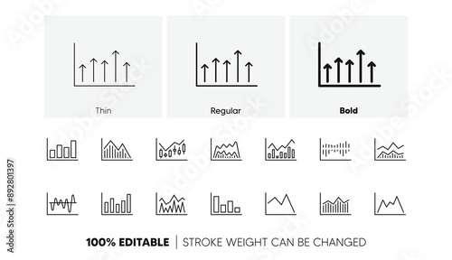 Candlestick graph, Infochart and Report diagram. Charts and graphs line icons. Presentation linear icon set. Line icons set. Vector