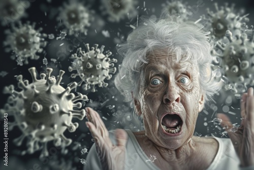 Intense emotion of fright is etched her elderly countenance. Elderly woman's aged face reflects deep sense of anxiety. Fragility of age is starkly contrasted intense inner turmoil.