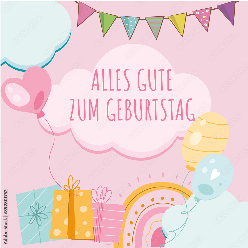 Karte oder Stirnband, um einem Kind alles Gute zum Geburtstag in Rosa in einer Wolke zu wünschen, mit Wimpelgeschenken in mehreren Farben rund um die Luftballons auf rosa Hintergrund Karte oder Stirnband, um einem Kind alles Gute zum Geburtstag in Rosa in einer Wolke zu wünschen, mit Wimpelgeschenken in mehreren Farben rund um die Luftballons auf rosa Hintergrund