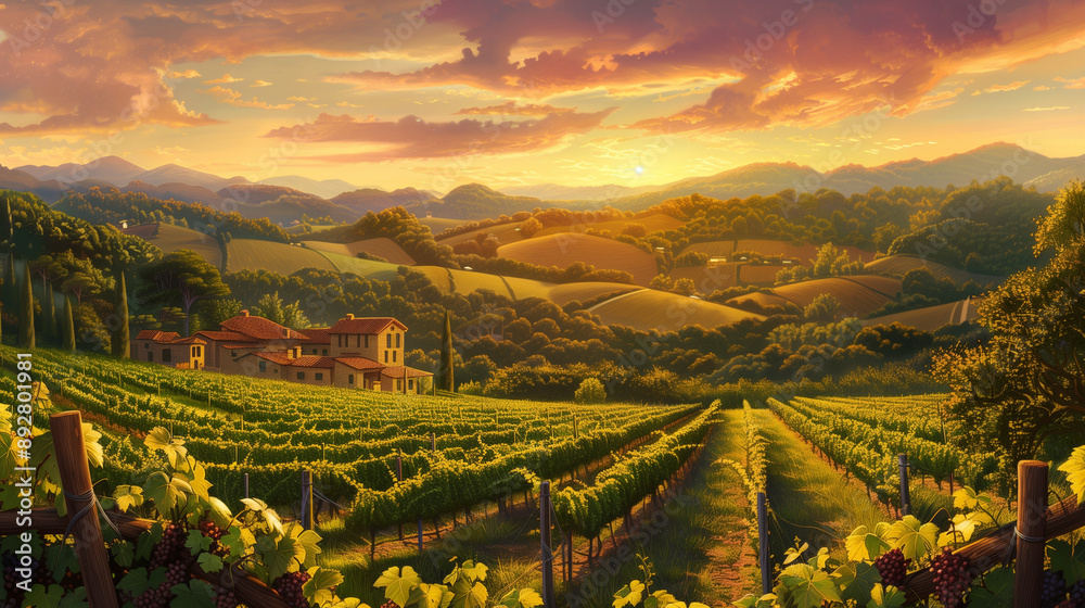 Naklejka premium A picturesque view of the Italian hillsides covered in vineyards