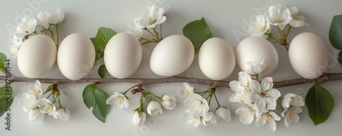 11 Chicken eggs on a softcolored background with branches and leaves, symbolizing natural beauty photo