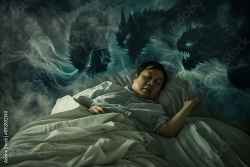 Fearful monsters surround sleeping man inducing surreal horror dreams. Intense terror depicted ominous creatures haunt sleeping man. Allegory of inner tension and dread manifesting surreal forms photo