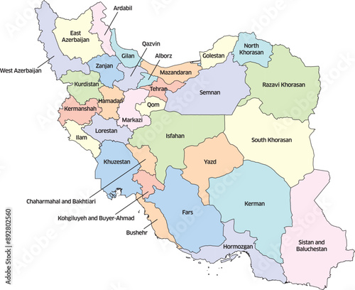 Colorful editable vector political map of Iran, showing its various provinces. Each province is distinctly colored and labeled with its name. 