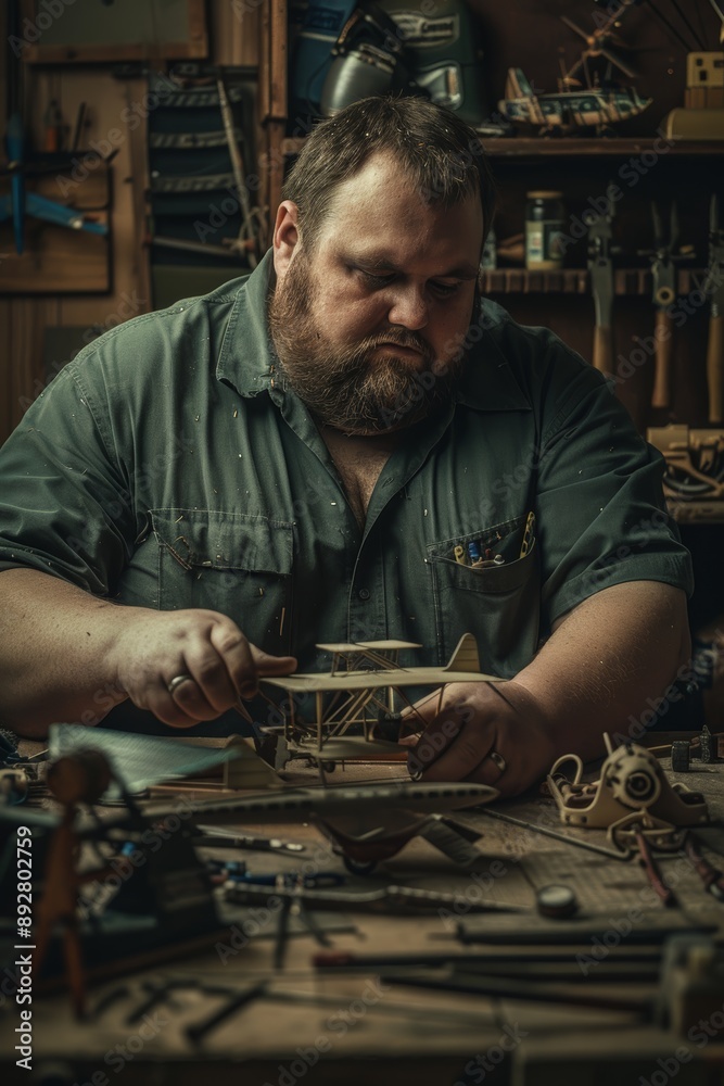 Focused Man Building Model Airplane in Workshop Surrounded by Tools and Parts Focused Man Building Model Airplane in Workshop Surrounded by Tools and Parts