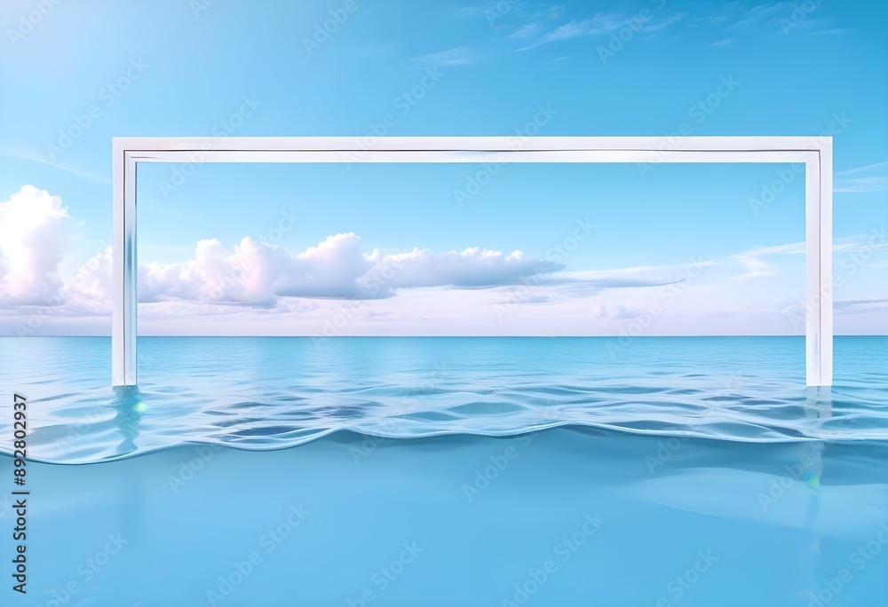 A large white square frame partially submerged in calm, turquoise tropical water, with a clear blue sky and soft clouds in the background A large white square frame partially submerged in calm, turquoise tropical water, with a clear blue sky and soft clouds in the background