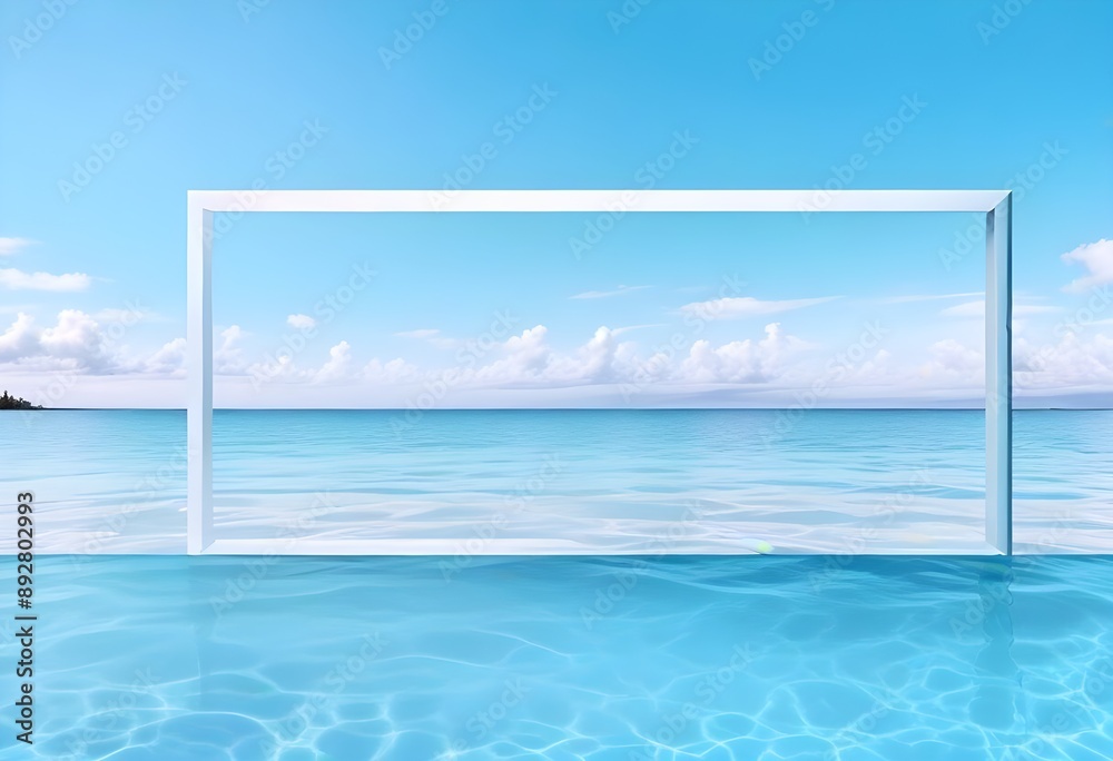 Fototapeta premium A large white square frame partially submerged in calm, turquoise tropical water, with a clear blue sky and soft clouds in the background