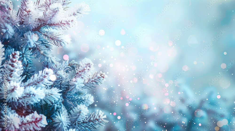 Winter Holiday Snowy Tree with Frosty Branches and Sparkling Light Bokeh in Festive Christmas Border Art Design for Seasonal Celebration and Backgrounds Winter Holiday Snowy Tree with Frosty Branches and Sparkling Light Bokeh in Festive Christmas Border Art Design for Seasonal Celebration and Backgrounds