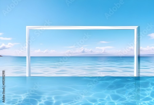 A large white square frame partially submerged in calm, turquoise tropical water, with a clear blue sky and soft clouds in the background