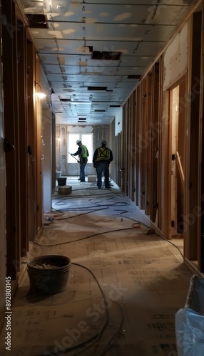 Residential Building Construction with Workers Installing Drywall and Electrical Wiring